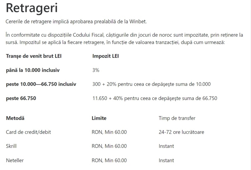 winbet casino online metode de plata retrageri si reglementari impozite in lei transe de venit brut lei, limite, timp transfer - card de credit/debit, skrill, neteller