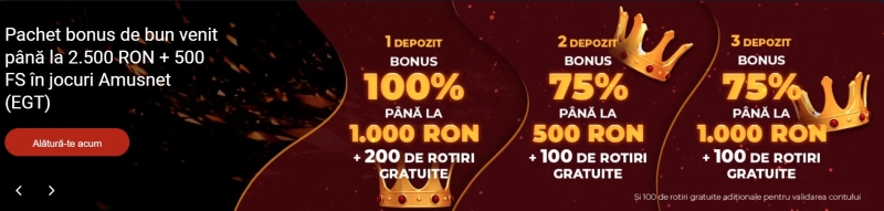 Frank casino pachet bonus de bun venit pentru primele 3 depuneri pana la 2500 ron + 500 FS la jocuri pacanele de la amusnet